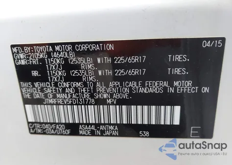 2015 Toyota Rav4 Xle из США, поврежденный, VIN JTMRFREV5FD131778